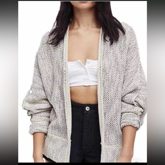 Free people cream gray motions knit cardigan sweater boho L...